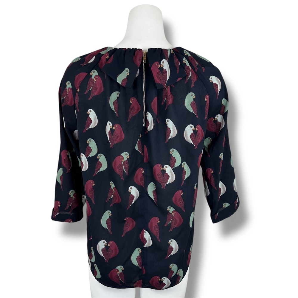 Frnch Parrot Bird Print Blouse Size S Navy Blue - Picture 4 of 8